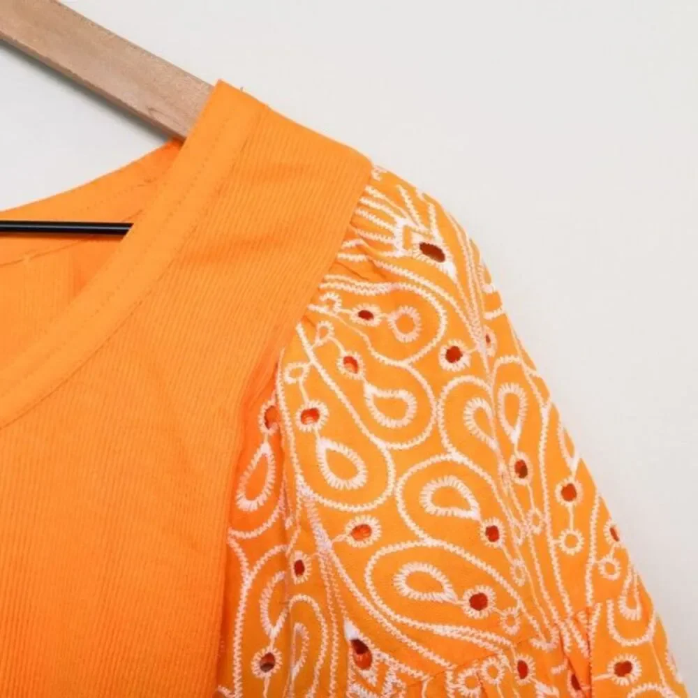 Loft orange ribbed top embroidered puff sleeves small